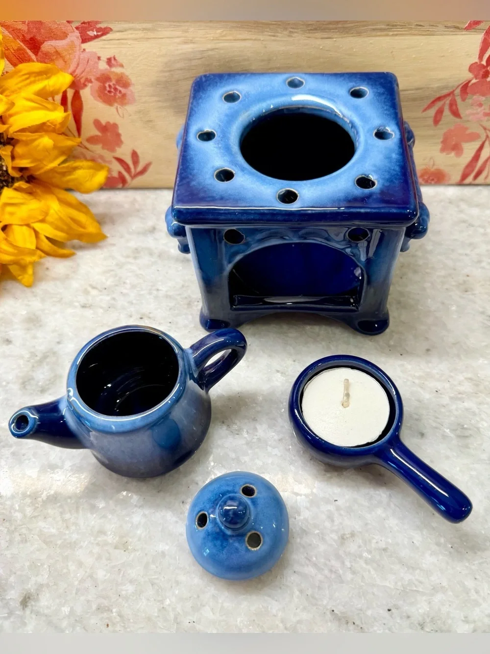 New Rustic Blue Ceramic Stove & Tea Pot Tea Light Candle Oil Warmer Diffuser 6”
